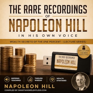 Könnte beinhalten: Ein schwarzer USB-Stick mit der Aufschrift The Rare Recordings of Napoleon Hill In His Own Voice Wealth Secrets of the One Percent Lecture Series, platziert neben Goldmünzenstapeln und einem runden Porträt von Napoleon Hill.