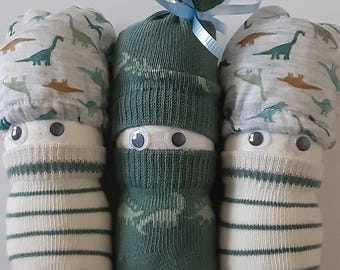 Dinosaur Diaper Babies Gift Set, 3 Pack, Hand Mittens/Sock Diaper Baby Boy, Baby Shower Gift/Decoration, Newborn Gift, Baby Gift Basket