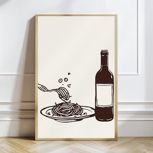 Pasta and Wine Wall Art – Italian Kitchen Print, Minimalist Dining Room Decor, Monochrome Food Poster, Vintage-Inspired Printable Art