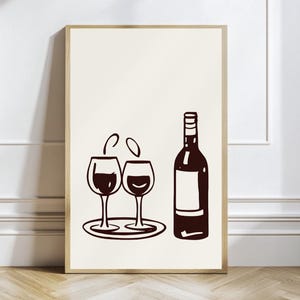 Minimalist Wine Wall Art – Red Wine Print, Vintage Bar Decor, Monochrome Wine Bottle Poster, Modern Kitchen Art, Printable Wine Illustration