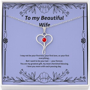 To My Beautiful Wife Necklace – Red Stone Heart Pendant Gift with Message Card, Romantic Jewelry for Anniversary & Love