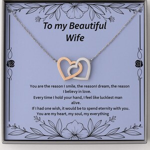 To My Beautiful Wife Necklace Gift – Two-Tone Interlocking Hearts Pendant with Love Message Card, Romantic Anniversary Jewelry