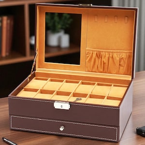 Luxe leren sieradendoos met spiegel, afsluitbare opbergdoos met lade, vakken voor ringen, oorbellen en meer