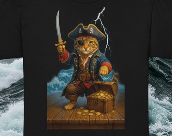 May include: Black t-shirt featuring a cartoon pirate cat with an eye patch, holding a sword, and standing next to a treasure chest filled with gold coins. The cat wears a blue and red pirate coat and hat. A lightning bolt is in the background.