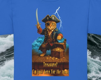 May include: Blue t-shirt featuring a cartoon pirate cat with an eye patch, holding a sword, and standing near a treasure chest. The cat wears a pirate hat and jacket. Text on the shirt reads: "Treasure? I'm just here for the tuna!"