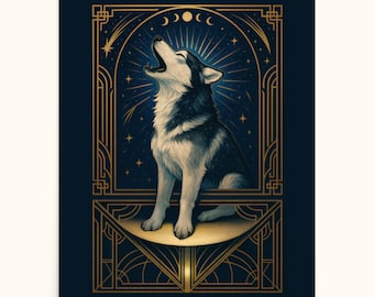 Art Deco Howling Husky/Celestial Moon Phase Wolf Poster (Multiple Sizes)