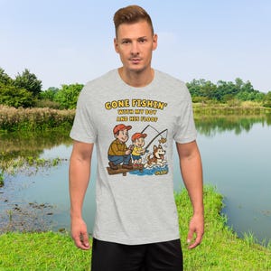 Gone Fishin’ with My Boy and his Floof Adult T-Shirt (S–5X) – Short-Sleeved Cotton Tee Featuring Siberian Husky Fishing Scene