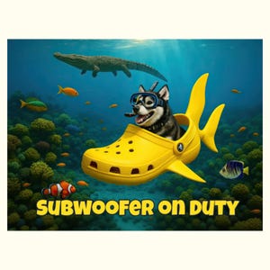 Subwoofer on Duty Husky Poster (Multiple Sizes) | Yellow Croc Submarine Dog Wall Art | Siberian Husky Dog in Ocean Décor