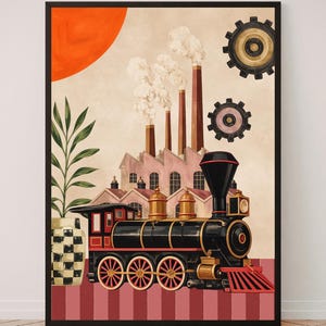 May include: A framed wall art print featuring a black and red steam locomotive in the foreground, a factory with smoking chimneys in the background, a large orange sun, two dark gears, and a potted plant with a black and white checkered base.