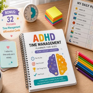 Peut inclure: Un agenda de gestion du temps TDAH pour enfants à reliure spirale avec un graphique de cerveau coloré, un tableau de planification quotidienne, des notes adhésives, des crayons de couleur et des cartes d'affirmation avec le texte I value my time and use it wisely.
