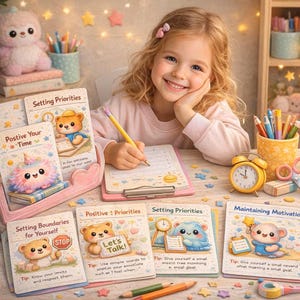 May include: A young girl smiles while writing on a clipboard, surrounded by colorful stationery and cards with motivational messages. The cards feature cute animal illustrations and phrases like "Setting Priorities" and "Positive 1 Priorities."
