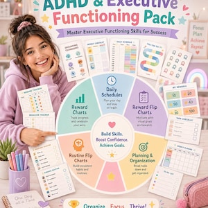 ADHD Executive Functioning Pack Printable,Kids Visual Schedule,Reward Chart Bundle, Routine Flip Charts, Behavior Tools,Planner for Children