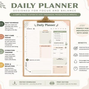 Peut inclure: Une page de planificateur quotidien sur un presse-papier en bois avec des sections pour l'emploi du temps, une liste de choses à ne pas oublier, des soins personnels, un suivi d'hydratation, un suivi des repas et une liste de choses aimées.