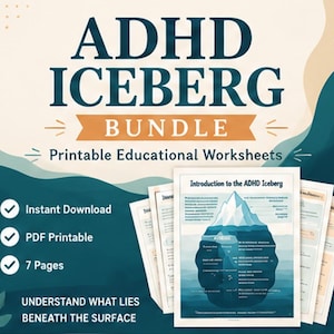 Peut inclure: Un ensemble de fiches pédagogiques imprimables intitulé ADHD ICEBERG BUNDLE. Le lot comprend sept pages illustrées par un graphique en forme d'iceberg pour expliquer des concepts, avec des étiquettes, des coches et la phrase UNDERSTAND WHAT LIES BENEATH THE SURFACE.