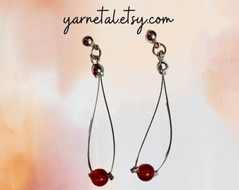 Silver & Red Teardrop Dangle Earrings (Recycled Material)