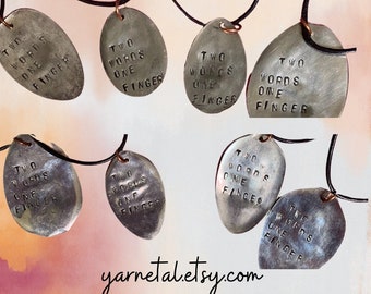 Two Words One Finger, Pendant Necklace, Hand Stamped, Recycled Material