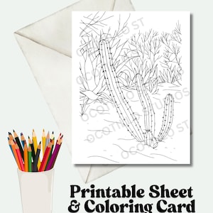 Cactus courbé - Lot de cartes imprimables et de feuilles à colorier - Téléchargement numérique