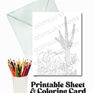 Cactus Saguaro du désert - Lot de cartes à imprimer et de feuilles à colorier - Téléchargement numérique