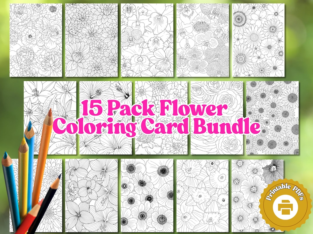 15 Pack Flower Coloring Card Bundle – Printable Floral Cards for All ...