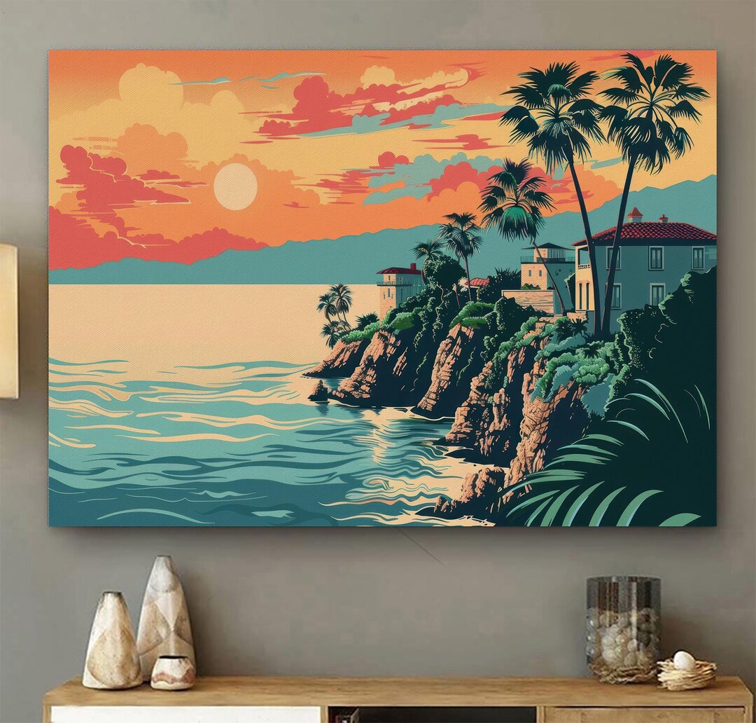 Mediterranean Coastal Village Art Print, Vintage Style Travel Poster ...