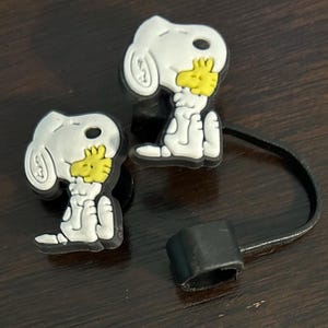 White Beagle Dog with Yellow Bird Hug Cartoon Character Straw Topper or Shoe Charm