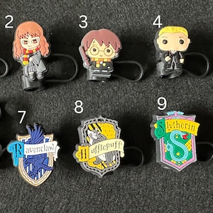 May include: A collection of ten colorful, cartoon-style charms featuring characters and emblems from the Harry Potter series. The charms include figures of Hermione, Harry, Ron, and other characters, as well as house crests and the Harry Potter logo.