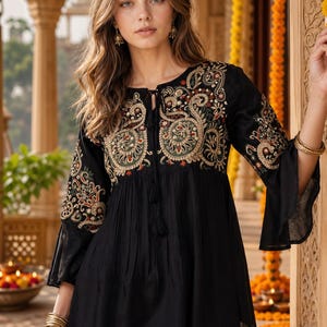 Embroidered Rayon Bell Sleeve Kurti Top | Hip Length Tunic for Regular Wear