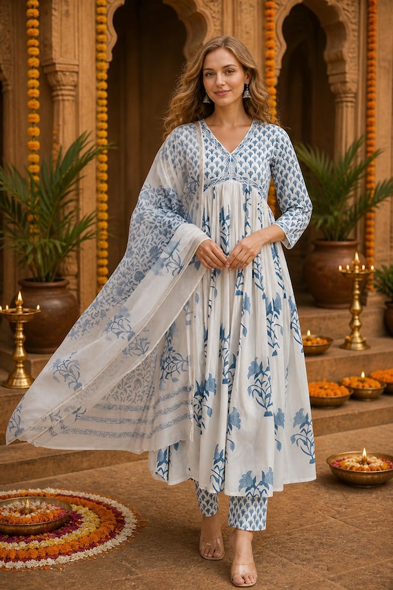 Anarkali Rayon Kurti Set | White Floral Print V-Neck Summer Ensemble