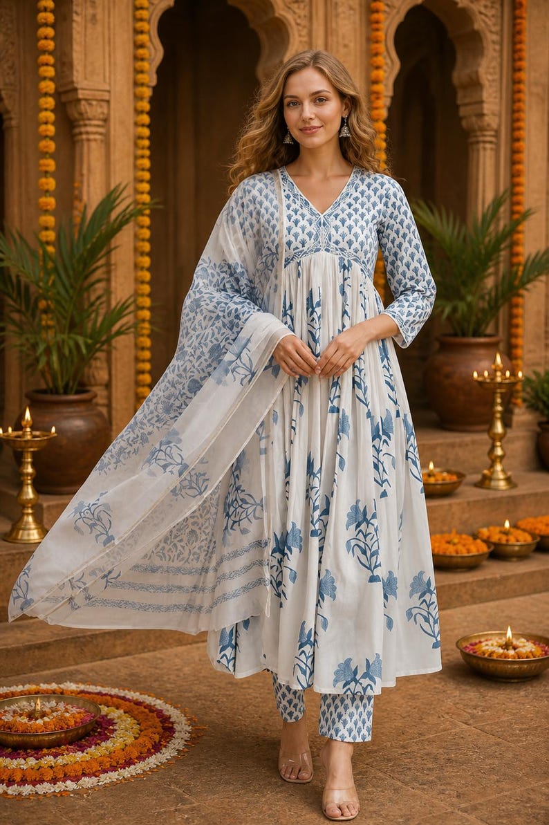 Pu&ograve; includere: Un completo in cotone bianco e blu con stampa floreale. L'outfit comprende un abito a maniche lunghe, pantaloni abbinati e una sciarpa trasparente. L'abito presenta uno scollo a V e una silhouette fluida. Adatto per occasioni casual o festive.