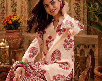 Completo Kurti con Patiyala, in cotone, modello a trapezio con stampa floreale / Maniche a 3/4