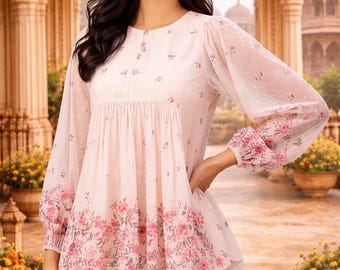 Cream Floral Print Cotton Short Kurti Top – Women's Breathable Summer Wear