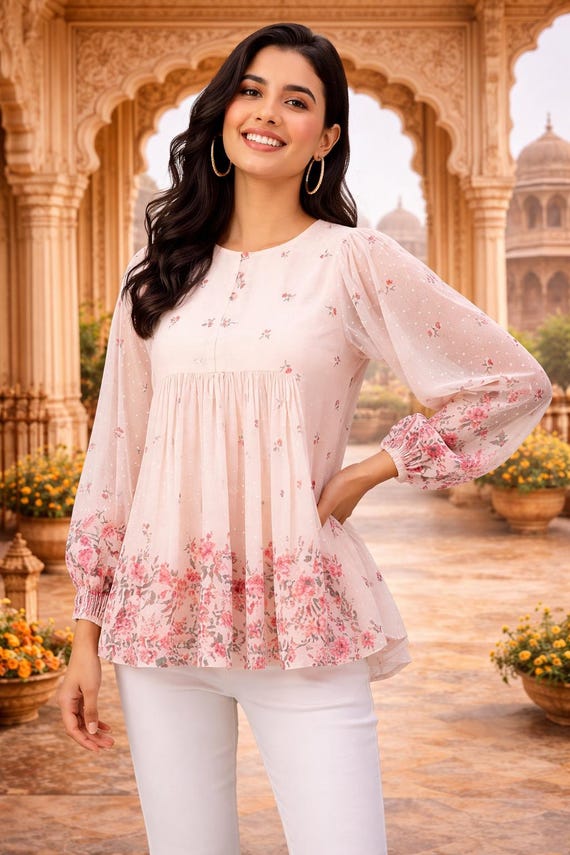 Cream Floral Print Cotton Short Kurti Top – Women's Breathable Summer Wear