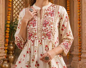 Cotton Floral V-Neck Anarkali Tunic Top | Relaxed Fit Summer Women's Wear