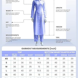 Pu&ograve; includere: Un completo kurta azzurro su un manichino, con una tabella delle taglie in pollici. La tabella mostra le misure di busto, vita, fianchi e interno gamba, con consigli sulle taglie. Il completo include un top a maniche lunghe e pantaloni abbinati.