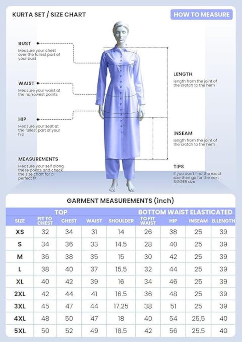 Pu&ograve; includere: Un completo kurta azzurro su un manichino, con una tabella delle taglie in pollici. La tabella mostra le misure di busto, vita, fianchi e interno gamba, con consigli sulle taglie. Il completo include un top a maniche lunghe e pantaloni abbinati.