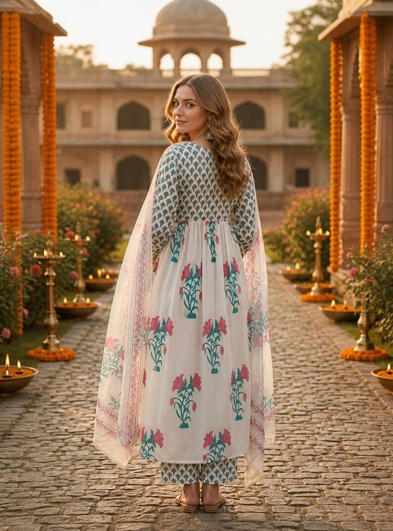 Pu&ograve; includere: Una donna indossa un abito indiano bianco con stampa floreale e una sciarpa trasparente abbinata. L'abito presenta un corpetto con un piccolo motivo verde e bianco e una gonna con un disegno floreale rosa e verde. Lo sfondo include un sentiero di pietra e un edificio.
