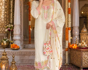 Indian A-Line Style Straight Kurti Set | Round Neck Kurti Dupatta Pent Set for Women