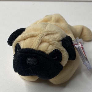 Ty Pugsly, o Pug Beanie Babies, cachorro de pelúcia Pug com etiquetas, 20 cm de comprimento, 1996, bicho de pelúcia