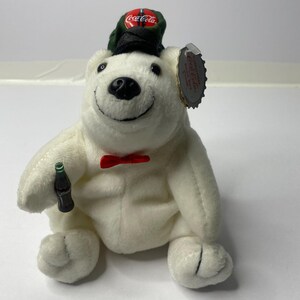 Coca Cola Plush Bear 6&quot; Tall 1998 &quot;The Coca Cola Company&quot; with Tags Coca Cola Hat Stuffed Animal Toy