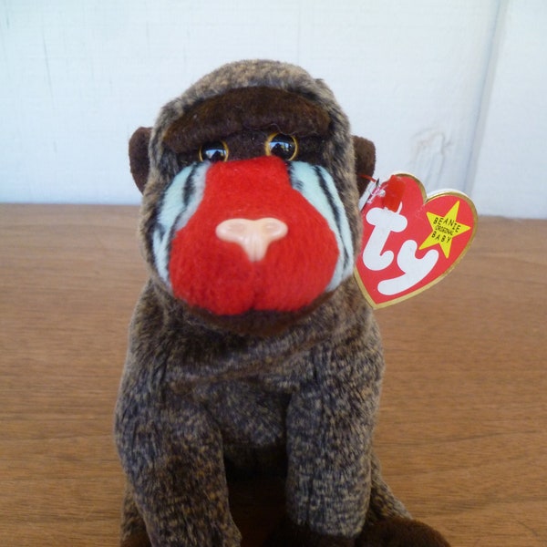 Ty Beanie Baby Plush Baboon Monkey "Cheeks" W/ Tags 8" Long 1999 Stuffed Animal Toy