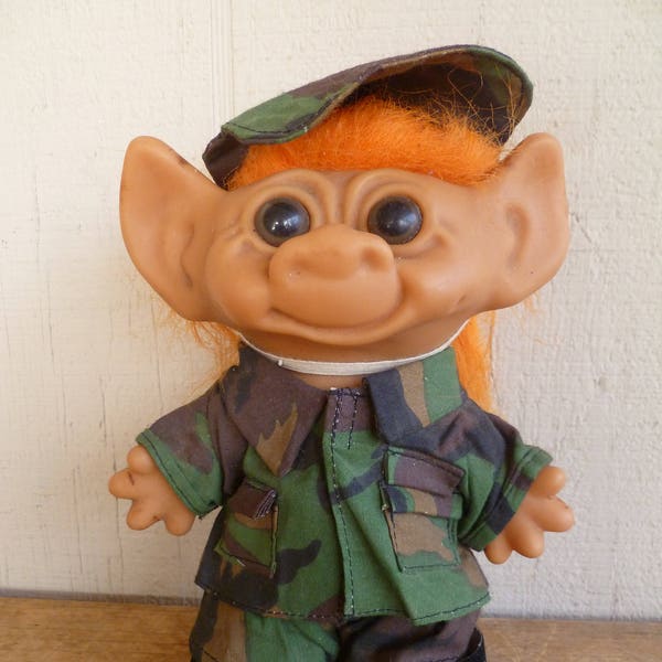 Uneeda Troll Doll Camouflage with Cap Hat and Shoes 9" Tall with Orange Hair