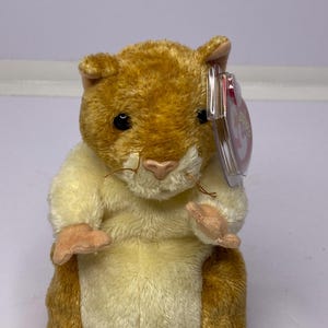 Peut inclure: Une peluche représentant un hamster, avec une étiquette attachée. Le jouet est de couleur marron clair et crème, avec une texture douce et duveteuse. Il a de petits yeux noirs, un nez rose et des pieds beiges. L'étiquette est attachée à l'oreille.
