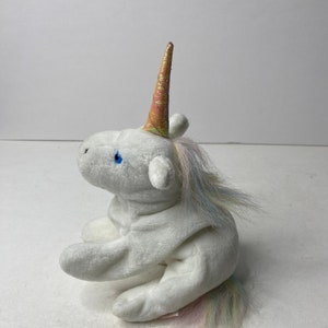 Ty Mystic the Unicorn Beanie Babies Plush White Unicorn Tan Horn Rainbow Mane 8&quot; Long 1993 Stuffed Animal Toy