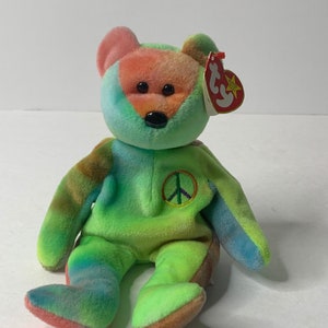 Ty Peace Bear Beanie Babies Plush Tie Dye Teddy Bear Peace Sign w/ Tags 8&quot; Tall 1996 Stuffed Animal Toy