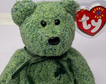Bonnet Ty Shamrock l'ours en peluche pour bébé, ours vert avec étiquettes, 23 cm de haut, 2000 peluche