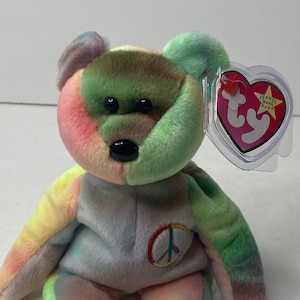 Ty Peace Bear Beanie Babies Plush Tie Dye Teddy Bear Peace Sign w/ Tags 8&quot; Tall 1996 Stuffed Animal Toy