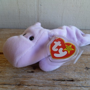 Ty Happy the Hippopotamus Beanie Babies Plush Lavender Body Hippo W/ Tags 9&quot; Long 1993 Stuffed Animal Toy