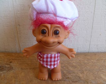 Russ Troll Doll Red Hair Chefs Hat and Apron 8" Tall W/ Hair