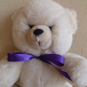 Ganz Heritage Plush White Teddy Bear New Purple Ribbon Super Soft 14&quot; Tall 1985 Stuffed Animal Toy