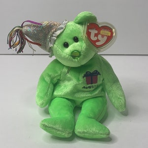 Ty August the Bear W/ Party Hat Beanie Babies Plush Birthday Bear W/ Tags 9" Tall 2002 Stuffed Animal Toy
